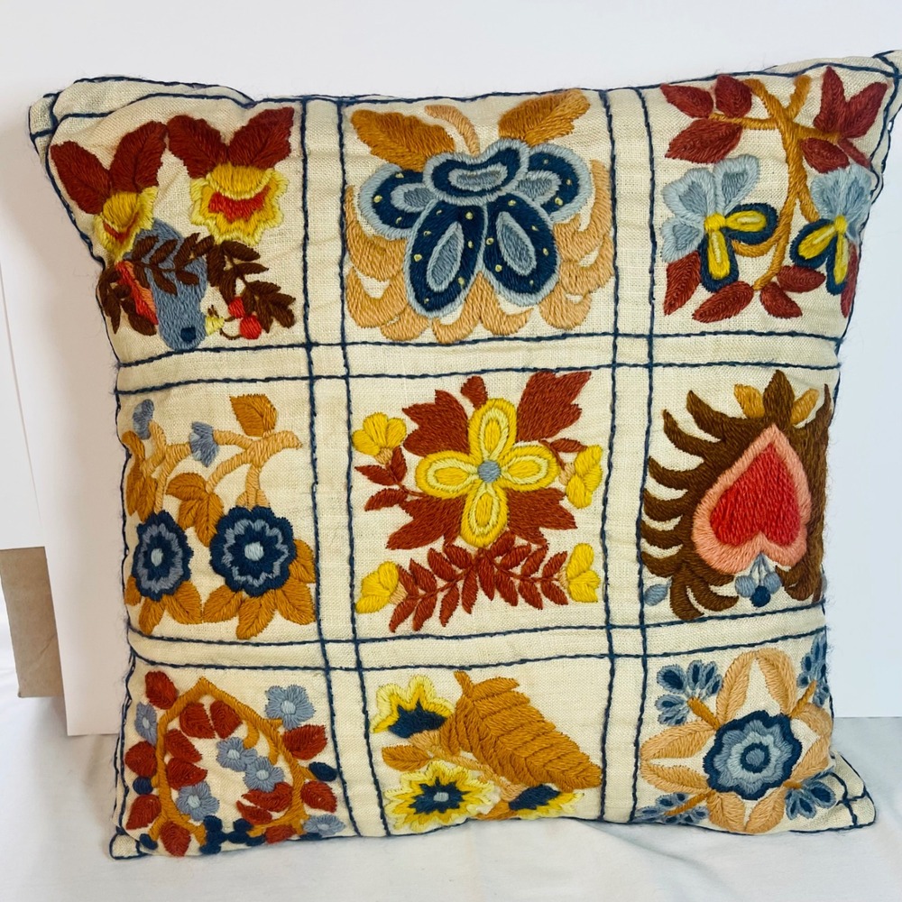 Vintage Crewel Embroidered Floral Pillow 13x13 Folk Art Boho Fall Colors